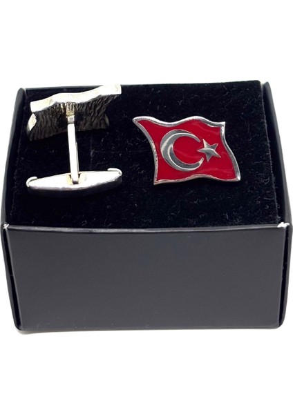 Gümüş Kırmızı Mineli Ay Yıldız Kol Düğmesi