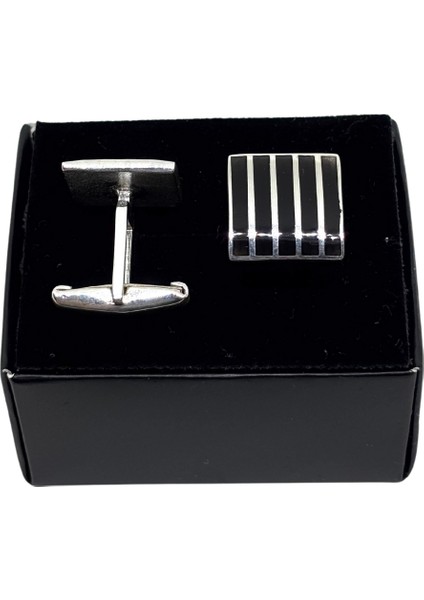 Gümüş Kare Siyah Mineli Çizgili Kol Düğmesi