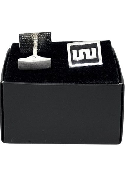 Dikdörtgen Siyah Mineli Gümüş Kol Düğmesi