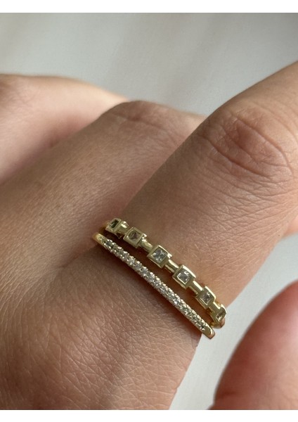 Çelik Iki Sıra Dörtgen Taşlı Gold Ayarlanabilir Kadın Yüzük