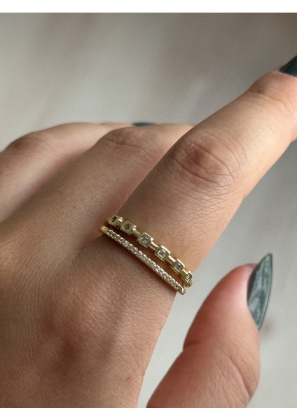 Çelik Iki Sıra Dörtgen Taşlı Gold Ayarlanabilir Kadın Yüzük modelleri