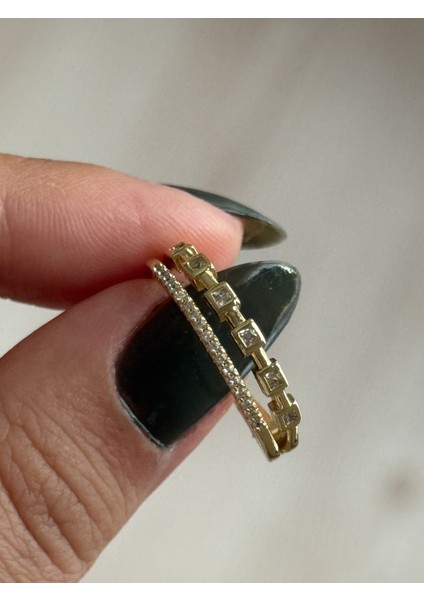 Çelik Iki Sıra Dörtgen Taşlı Gold Ayarlanabilir Kadın Yüzük fırsatları
