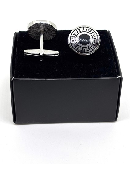 Gümüş Siyah Grek Desenli Gümüş Kol Düğmesi