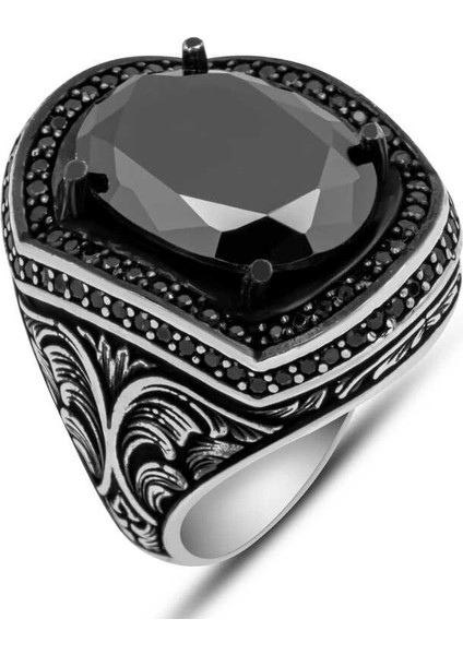 Gümüş Siyah Zirkon Taşlı Oval Erkek Yüzük