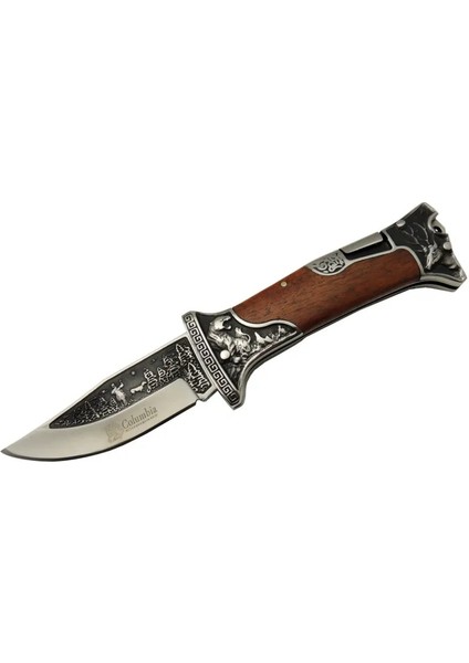 Columbia A3188-2 Geyik Desenli Outdoor Çakı 23 cm - Işlemeli Ahşap Saplı, Perçinli, Deri Kılıflı