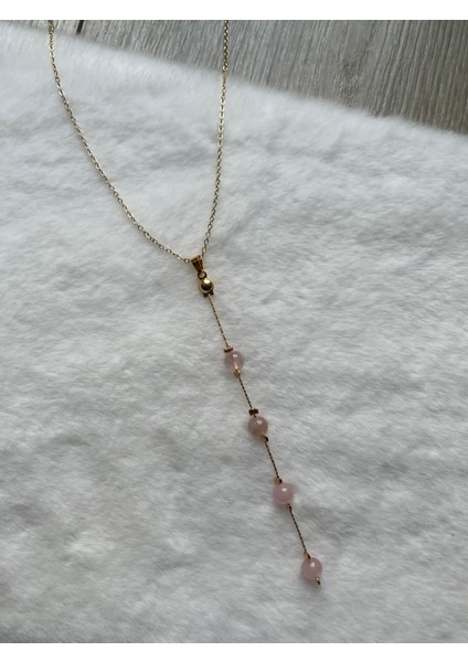 Pembe Kuvars Taşı Çelik Y Kolye El Yapımı