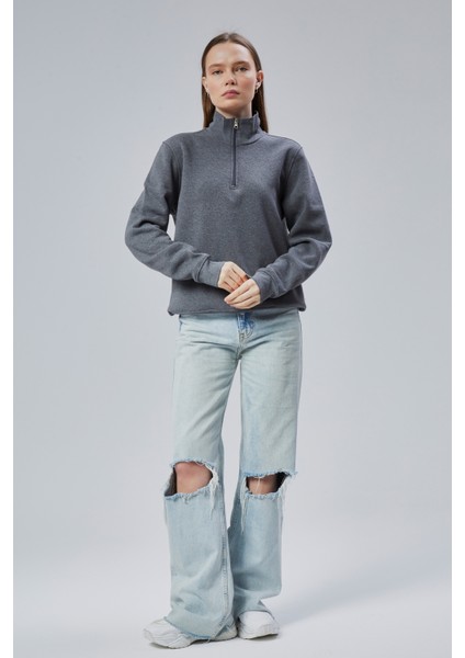 Mooncover Kadın Dik Yaka Yarım Fermuarlı Polarlı Sweatshirt