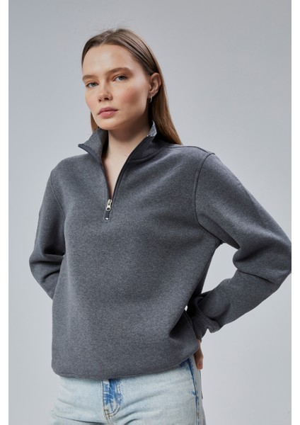 Mooncover Kadın Dik Yaka Yarım Fermuarlı Polarlı Sweatshirt indirimleri
