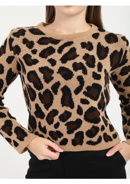 Kadın Leopar Desenli Bisiklet Yaka Kazak