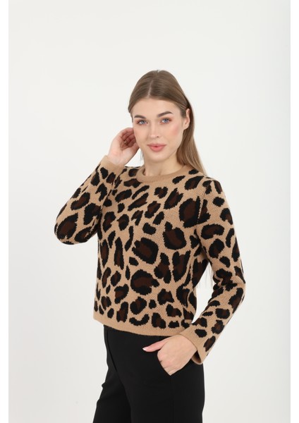 Kadın Leopar Desenli Bisiklet Yaka Kazak modelleri