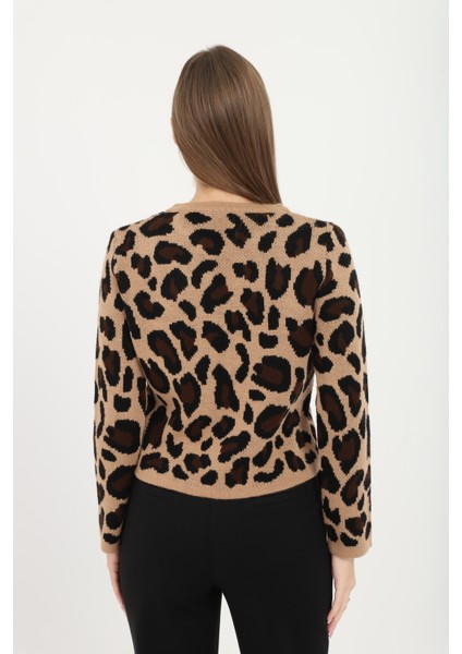 Kadın Leopar Desenli Bisiklet Yaka Kazak