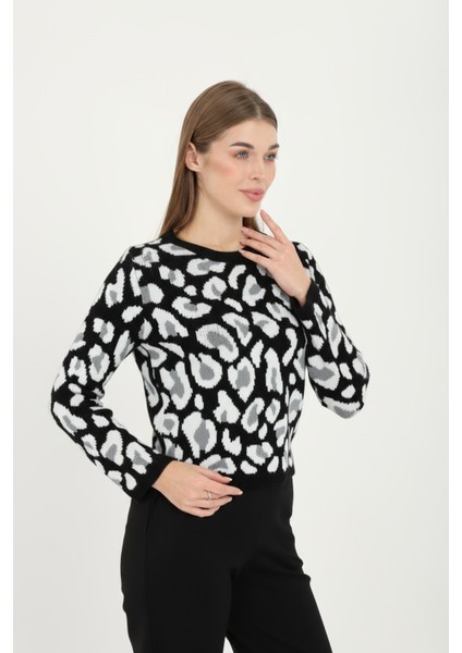 Kadın Leopar Desenli Bisiklet Yaka Kazak modelleri