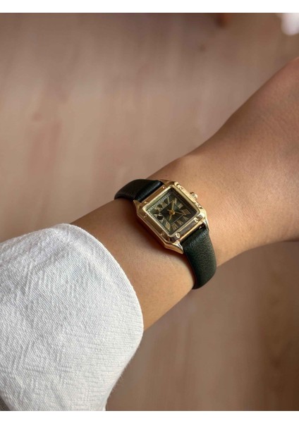 Kare Kadran Ince Yeşil Deri Kayış Kadın Kol Saati -52