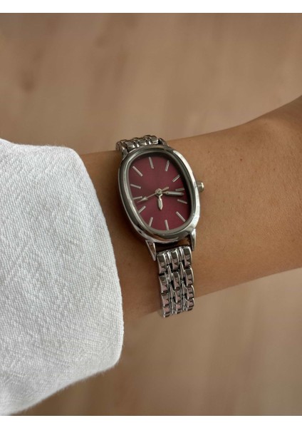 Bordo Oval Kasa Çelik Kordon Vintage Gümüş Minimal Kadın Kol Saati -58