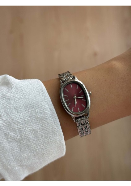 Bordo Oval Kasa Çelik Kordon Vintage Gümüş Minimal Kadın Kol Saati -58 fiyatları