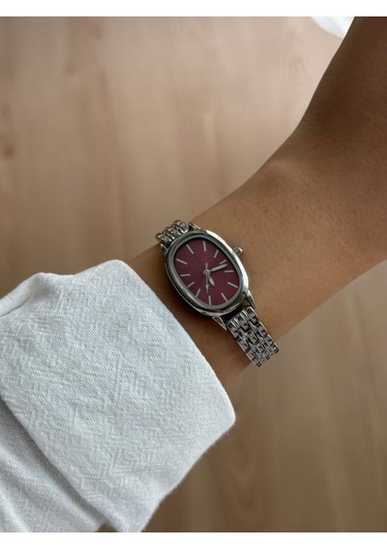 Bordo Oval Kasa Çelik Kordon Vintage Gümüş Minimal Kadın Kol Saati -58 modelleri