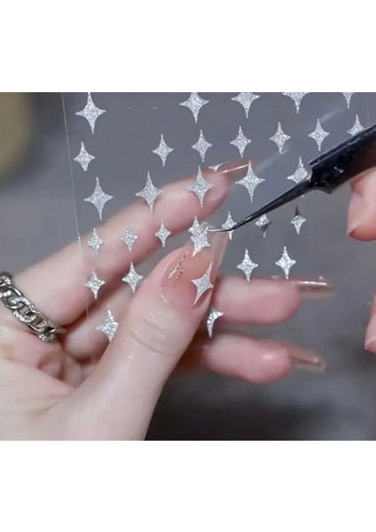 Gümüş Simli Dört Köşeli Yıldız Tırnak Süsleme Stickerı Nail Art Süslemeleri modelleri