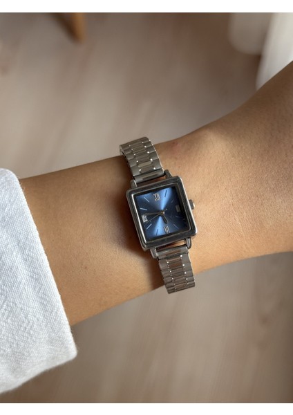 Lacivert Kare Kadran Gümüş Çelik Kordon Minimal Kadın Kol Saati - 63
