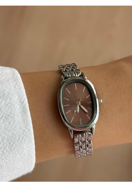 Kahverengi Oval Kasa Çelik Kordon Vintage Gümüş Minimal Kadın Kol Saati -59