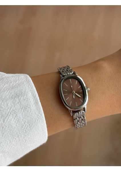 Kahverengi Oval Kasa Çelik Kordon Vintage Gümüş Minimal Kadın Kol Saati -59 fiyatları