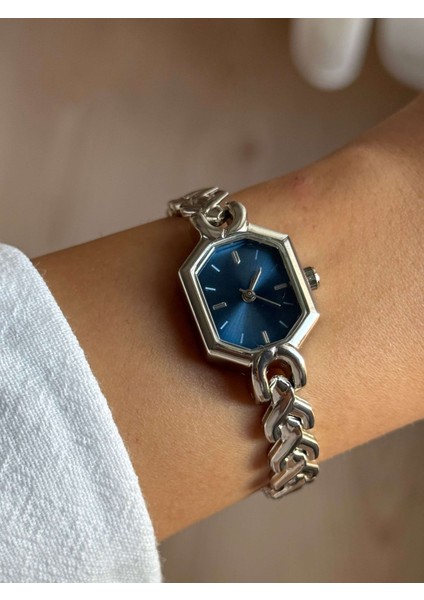 Lacivert Sekizgen Kadran Gümüş Örgü Metal Kordon Minimal Kadın Kol Saati - 67