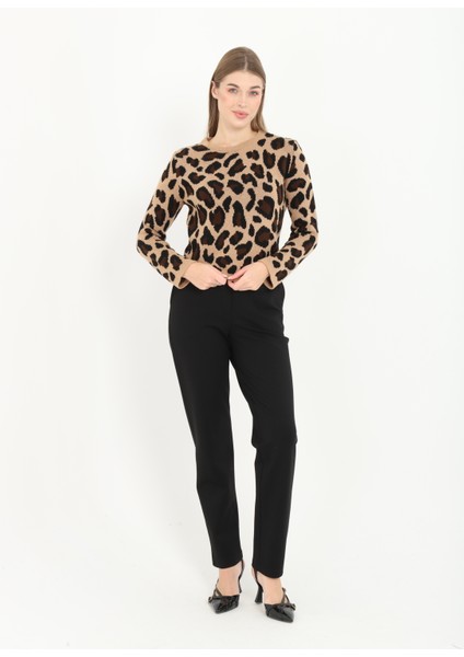 Kadın Leopar Desenli Bisiklet Yaka Kazak