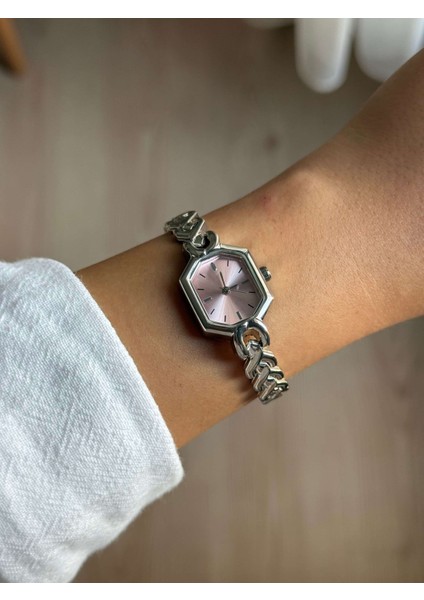 Pembe Sekizgen Kadran Gümüş Örgü Metal Kordon Minimal Kadın Kol Saati - 66