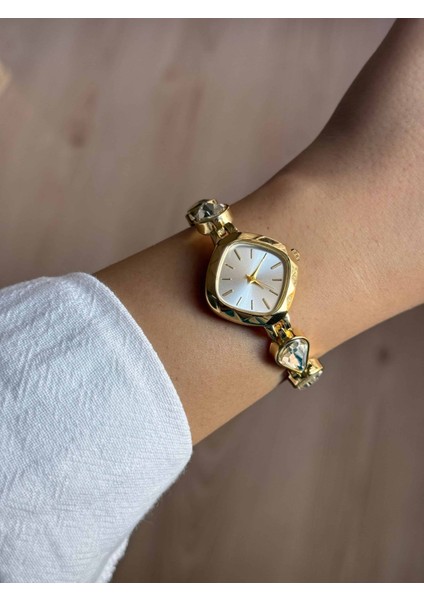 Beyaz Damla Taşlı Kordon Altın Renk Çelik Kadın Kol Saati -55