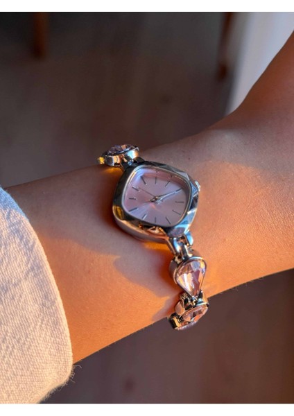 Pembe Damla Taşlı Kordon Gümüş Renk Çelik Kadın Kol Saati -53