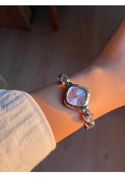 Pembe Damla Taşlı Kordon Gümüş Renk Çelik Kadın Kol Saati -53 fiyatları
