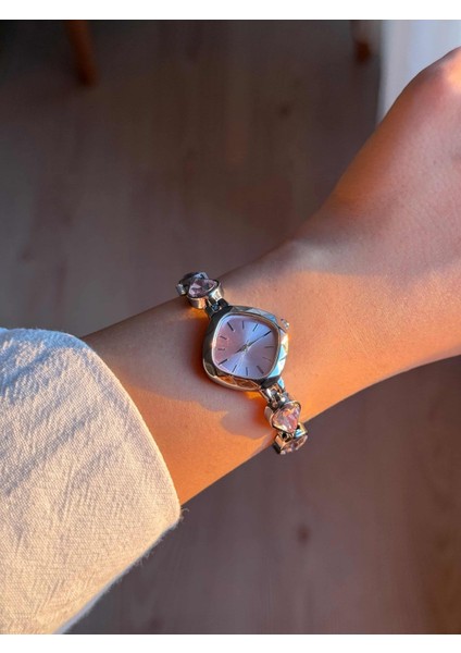 Pembe Damla Taşlı Kordon Gümüş Renk Çelik Kadın Kol Saati -53 fırsatları