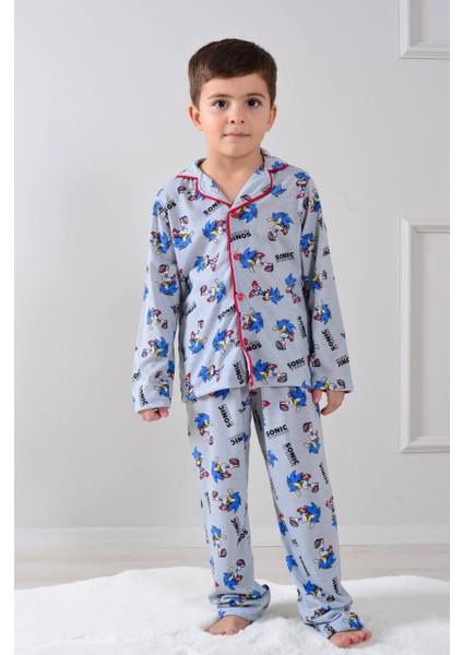 Pjkö Sonic Desenli Gri Uzun Kollu Önden Düğmeli Erkek Çocuk Pijama Takımı 4-12 Yaş 501U