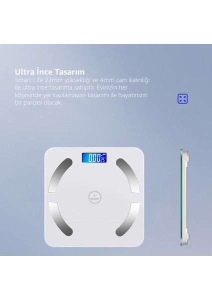 Akıllı Bluetooth Tartı, Cam Yüzey, Ölçüm Fonksiyonları, Kişisel Bakım, Beyaz Renk