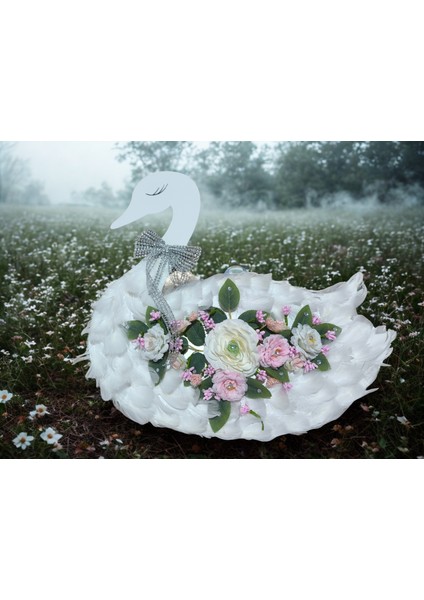 -Dekoratif Çiçekli Kuğu Figürlü Süs