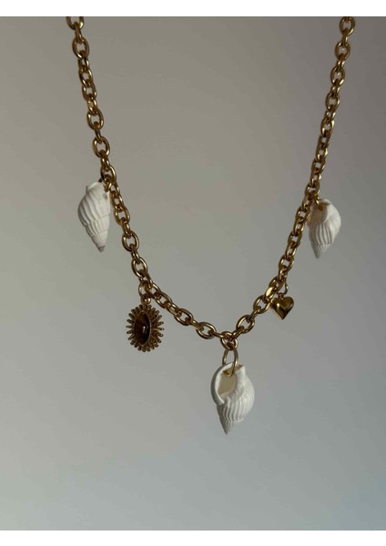 Çelik Çoklu Charm Deniz Kabuğu Kadın Kolye - Bikini Kolye