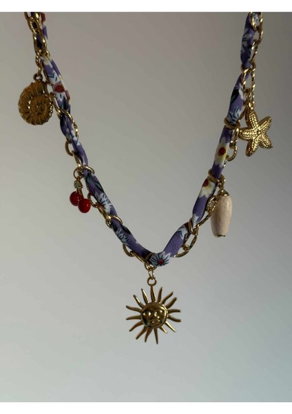 Çelik Mor Fular Güneş & Kiraz & Yıldız Charmlı Kolye