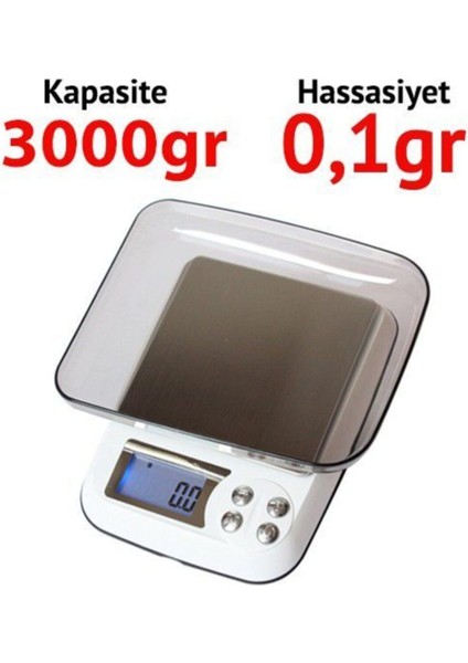 Mini Hassas Dijital Tartı, 3kg, 0,1g Hassasiyet, Plastik, Gri Renk