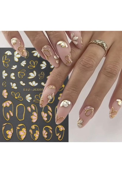 Altın Pembe Çiçekli Tırnak Süsleme Stickerı Nail Art Süslemeleri modelleri