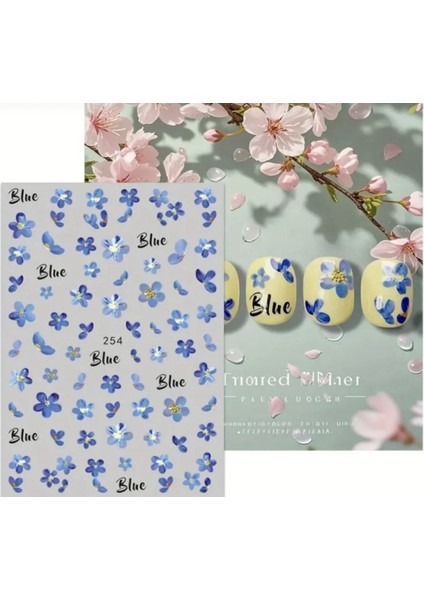 3D Mavi Çiçekli Tırnak Süsleme Stickerı Nail Art Süslemeleri