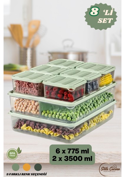 8'li Buzdolabı Düzenleyici Organizeri Mikrodalgaya Uygun Difriz Saklama Kabı (2X3500ML)(6X775ML)