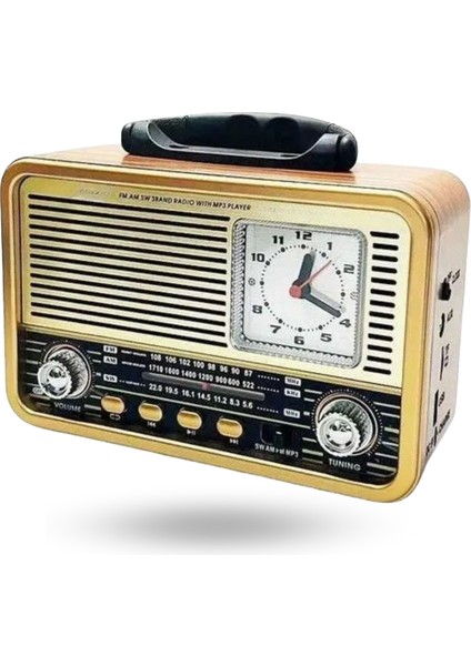 Büro Ev Ofis Hediyesi Için Ahşap Gösterge Saatli Taşınır Bluetooth Hoparlörlü Şarjlı Radyo