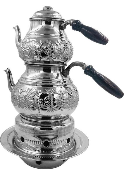 Bakır Çiçekli Nikel Osmanlı Ocaklı Büyük Çaydanlık