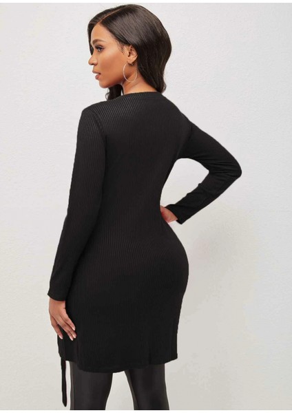 Kadın Uzun Kollu Fermuarlı Yan Yırtmaç Çıtçıt Düğme Detay Fitilli Kaskorse Elbise fiyatları