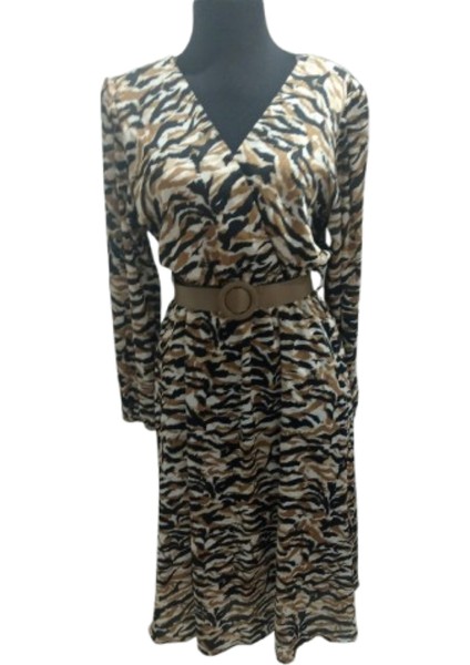 Kahve Siyah Desenli Kruvaze Yaka Kemerli Saten Elbise modelleri