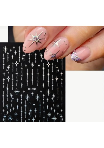 Gümüş Lazer Yıldız Çizgi Tırnak Süsleme Stickerı Nail Art Süslemeleri