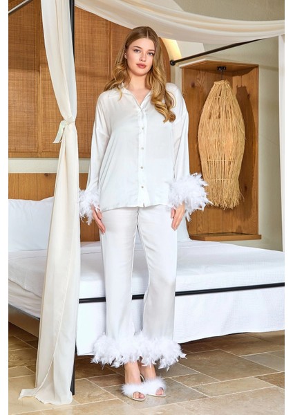 Aqua 25583 Gömlek Yaka Otrişli Saten Pijama Takımı