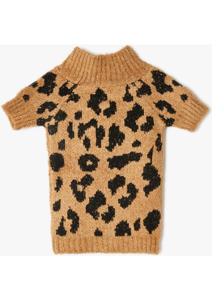 Leopar Desenli Kahverengi Dik Yaka Köpek Kazağı, Şık ve Rahat Üst Giyim.
