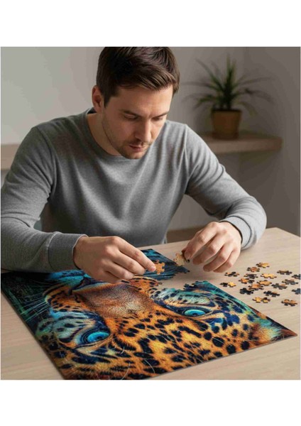 Mavi Gözlü Yakın Plan Leopar Yüz Görseli 500 Parça Ahşap (Mdf) Görseli fırsatları