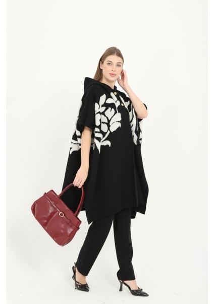 Kadın Teddy Gold Düğmeli Kapşonlu Yırtmaçlı Şal Panço Hırka