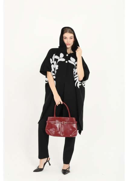 Kadın Teddy Gold Düğmeli Kapşonlu Yırtmaçlı Şal Panço Hırka